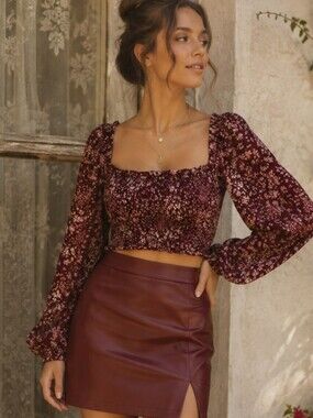 Altar'd State NWT Smocked Floral Crop Top M Burgundy Long Sleeve Boho Blouse